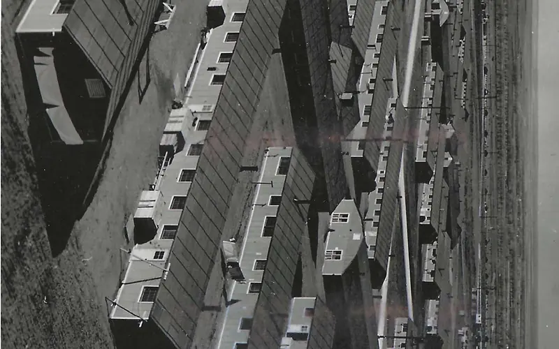 black and white image of rows of barracks from above.