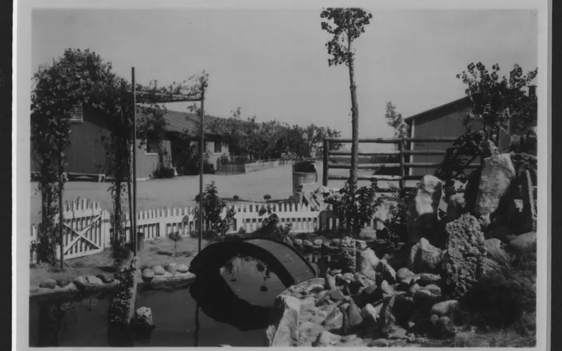 black and white image of a Japanese styled garden with a small koi pond.