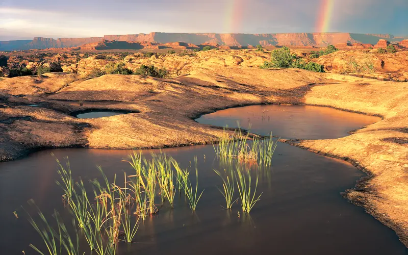 shallow pools with a double rainbow in the background