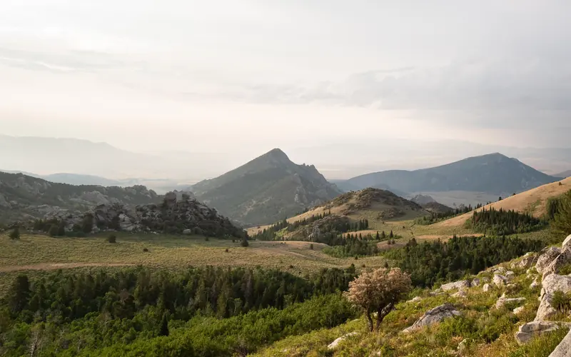 Grand scenic view looking down from a high elevation. Granite spires jut up from the landscape.