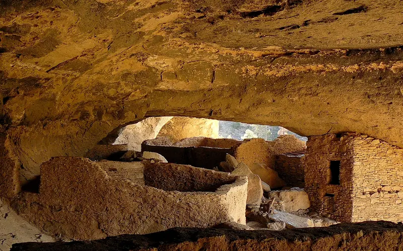 View of Mogollon dwelling rooms within a cave.
