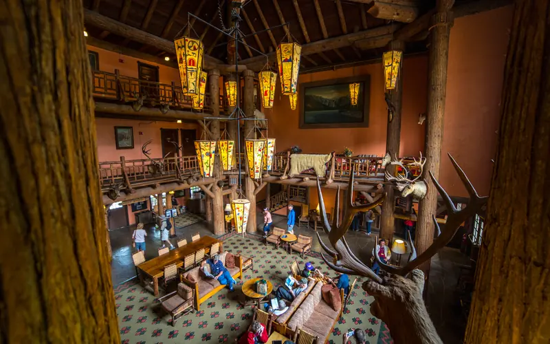 Looking down into the lobby of the Lake McDonald Lodge from the balcony