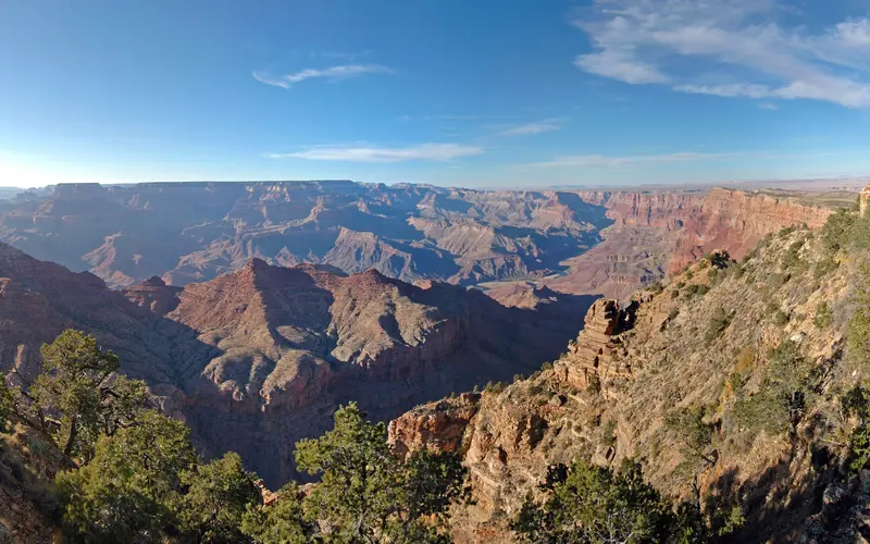 The Desert View Watchtower looms 70 feet into the air over a vast and dramatic view of the canyon.