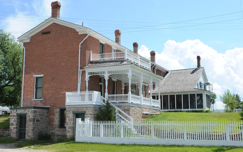 A view of the rear of the ranch house.