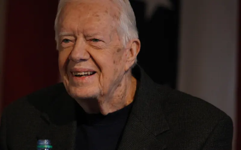 Jimmy Carter speaking to the crowd; Presidents' Day 2016