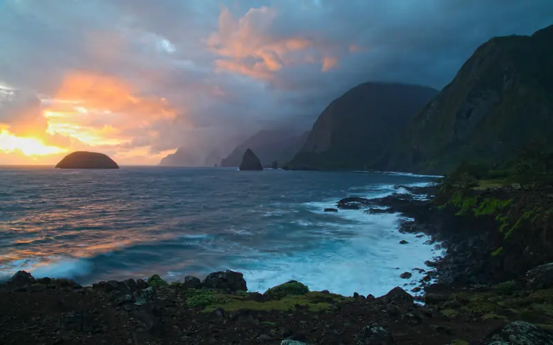 View of the sunrise over the north shore of Molokai