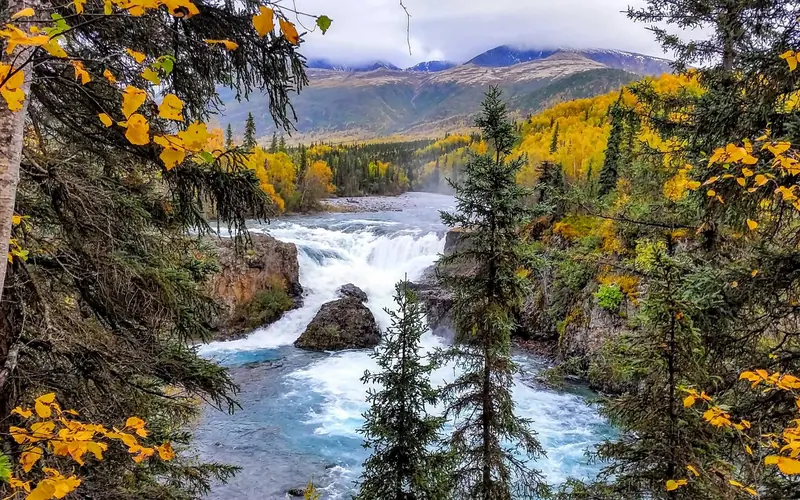 Waterfall surrounded by forest in fall foiliage and mountains in the background.
