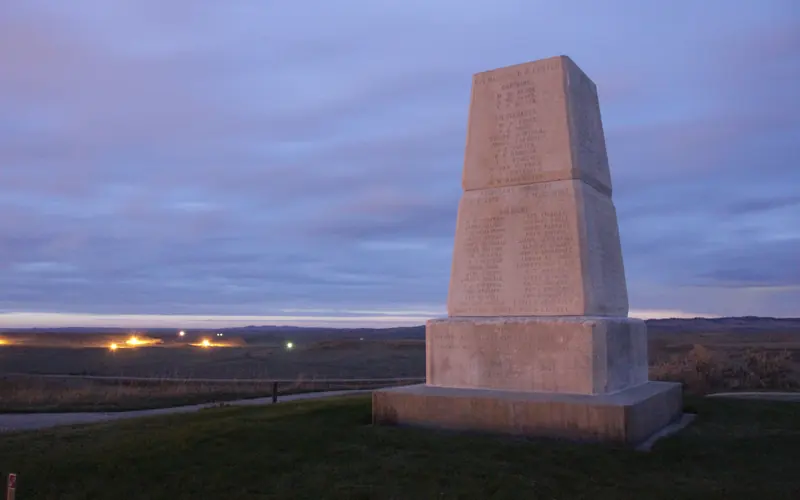 The Seventh Calvary Memorial at dusk.