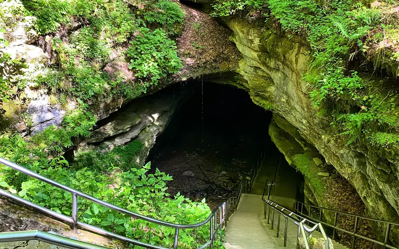 A long staircase travels down a slope into the dark cave opening.