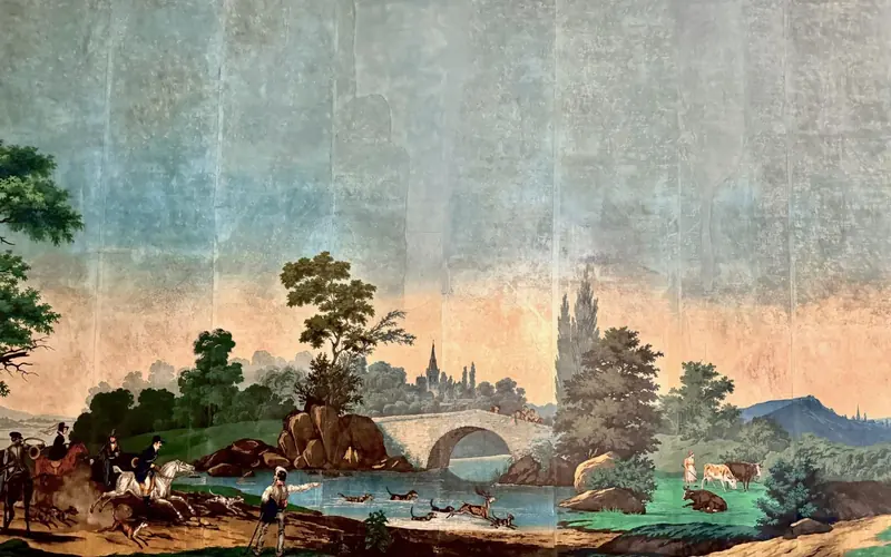 Le paysage à chasses, a scenic wallpaper of a hunting scene that is hung in Van Buren's dining room