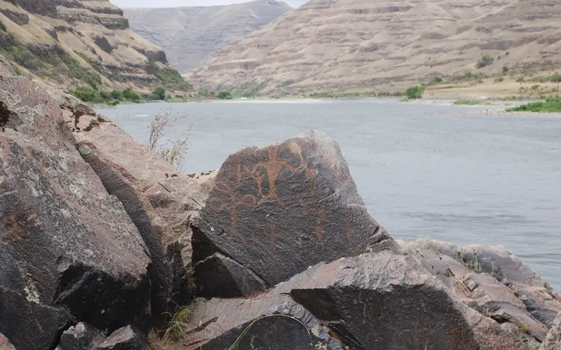 Petroglyph carvings on the bank of the Snake River.
