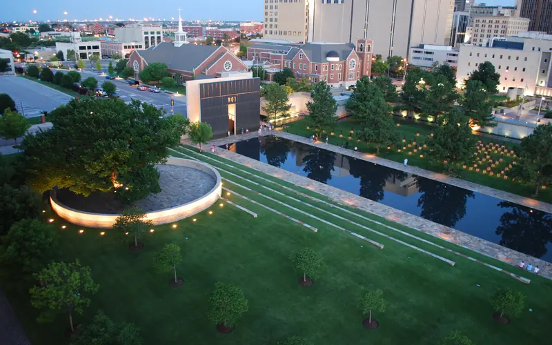 Summer evening photo of the Memorial lit up at night