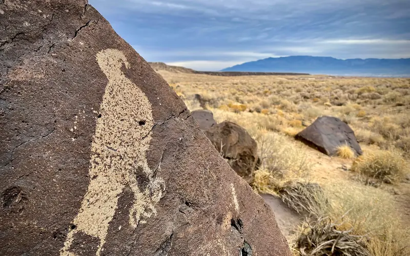 A petroglyph of a hawk on a dark boulder with a cloudy sky and mountains in the background.