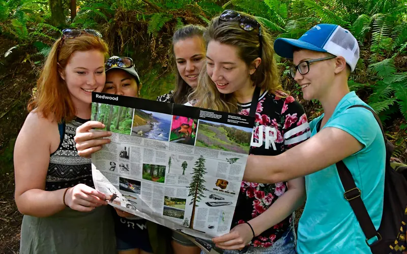 Five young women read the park map.