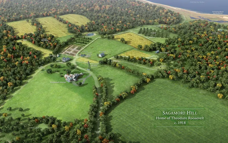 A digital rendering of the Roosevelt home and landscapes of Sagamore Hill circa 1918.