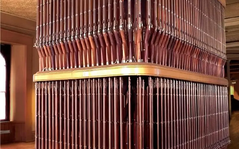 A double musket rack holding 645 Springfield US Model 1861 rifle muskets.