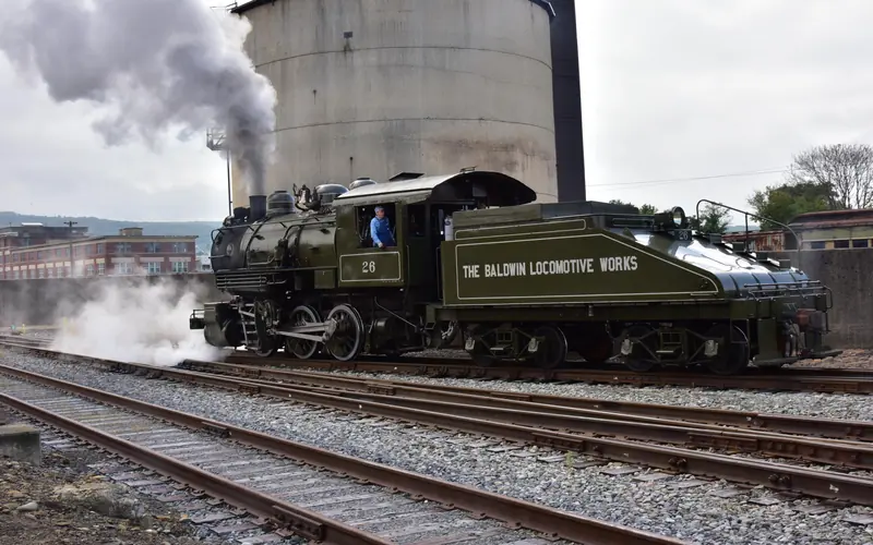 Historic Baldwin Locomotive Works engine number 26 out for a test run on the tracks.
