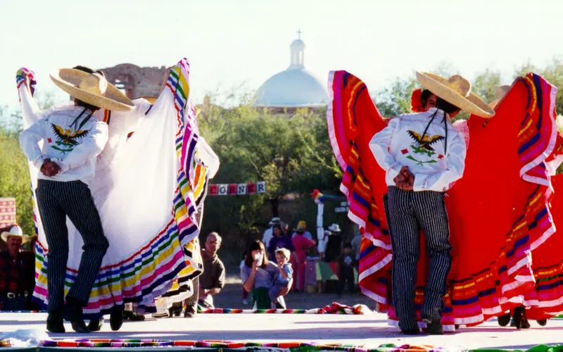 folklorico dancers in front of church