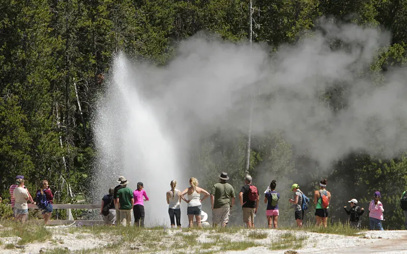 A crowd of people standing along a wooden boardwalk watches a geyser erupt.